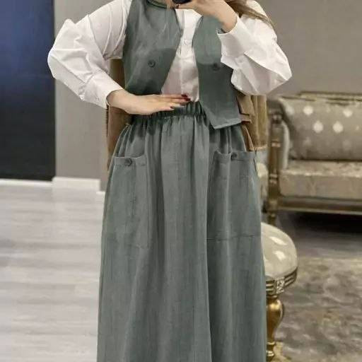 ست سه تیکه جلیقه شومیز دامنمدل ژینا بسیار شیک تنخور عالی